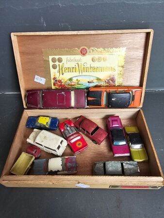 Wooden Box of Vintage Toy Cars