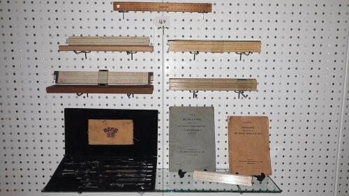 Antique Technical Drawing Set, Japanese/ American Slide Rules and Booklets