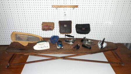 Selection of Antique Vintage Ironing Items, Board, Travel Irons, Ceramic Waterer