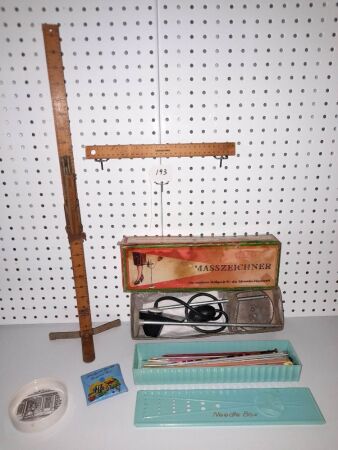 Vintage Masszeichner Powder Hem Marker, Dritz Hem Marker, Pin Dish, Needles/Box, Sewing Kit