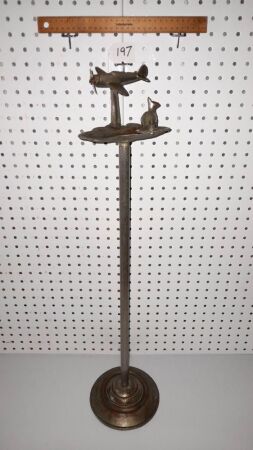 Antique Ashtray Stand Featuring Fighter Plane and Kangaroo on Australia Mount. 750High