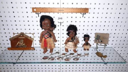 Vintage Trio of 'Maori' Dolls /with Tikis! Mouri Purse, 'Wanganui' Hanging Holders. Spoons - condition good