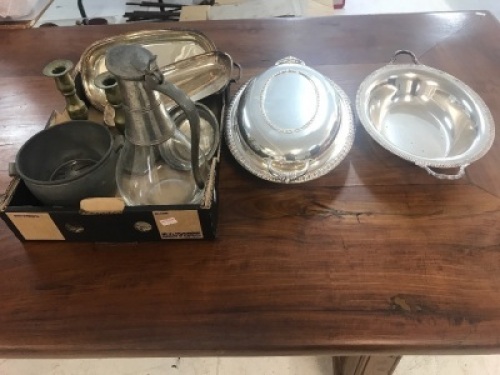 Box Lot of Silver Plate, Pewter & Brass Items