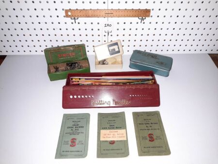 Selection of Vintage Sewing Machine Accessories Manuals, Knitting Needles, Vintage Storage