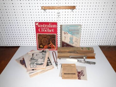 Selection of Vintage of Sewing Books / Patterns, Nos Hem Marker / Box, Hand Crank Sewing Machine