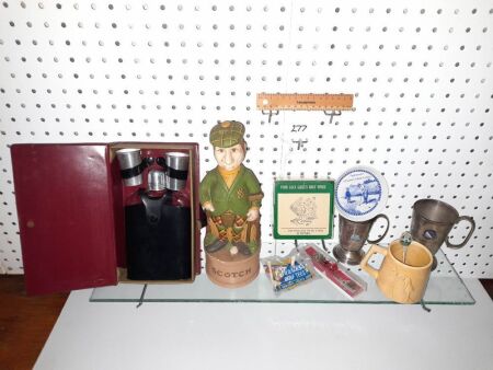 Selection of Vintage / Retro Golf Items, Trophies, Woodtees, Book-flask, Spoons, Mug