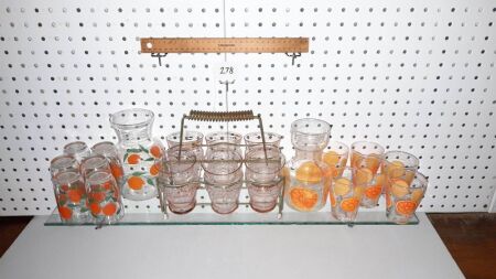 Trio of Retro Glasses, Caraffs, and Glass Rack