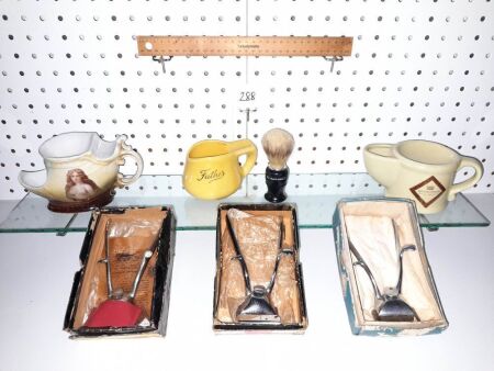 Trio of Vintage Shaving Scuttles/Mugs, Da Vinci Brush, 3 Sets of Vintage Hand Clippers