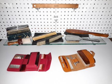 Vintage Lot of Mens Grooming Items, Pair Travel Packs. Brushes