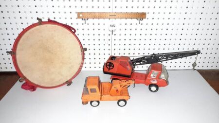 Vintage Childs 'Snare' Drum, Retro Steel 'Tonka' Crane and Small Steel Crane