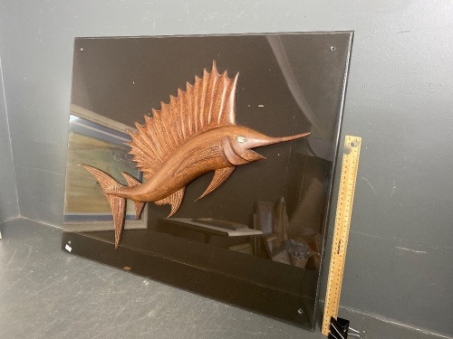 Wooden Marlin Mounted on Perspex