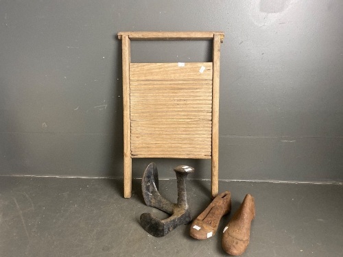 Metal Boot Jack, 2 Metal Shoe Lasts & Washboard