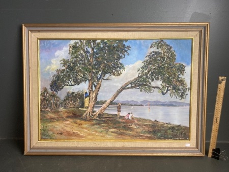 Wallis Lakes Forster NSW by Pauline Lord Oil on Canvas - app 900 x 650mm - signed