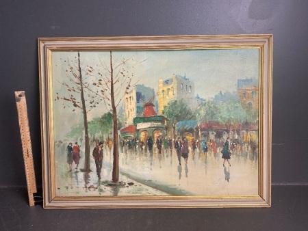 Vintage Oil on Board Moulin Rouge