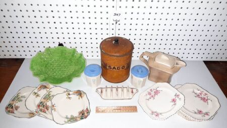 Vintage Kitchen Cannisters , Toast Rack, Art Deco Teapot (England), Sandwich Plate Sets