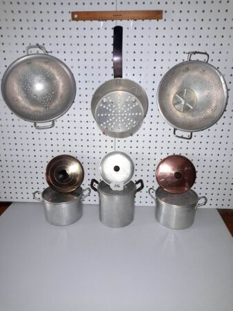 Trio of Vintage Strainers and Trio of Retro 'Dripping' Containers with Strainers