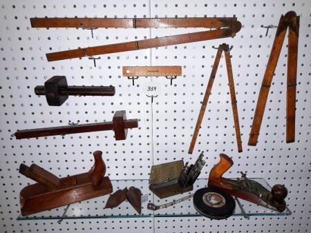 Vintage Woodworking Tools. Pair Planes, Trio Timber Rules, Plum Bobs, Drill Kit, Imperial Tape. Scribes