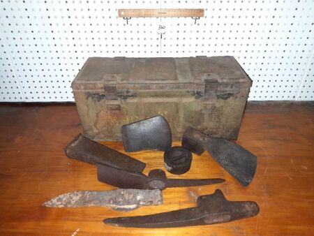 1941 Army Steel Ammunition Box, Selection of Antique Tools. Adze, Mining Picks, Axe, Wedge