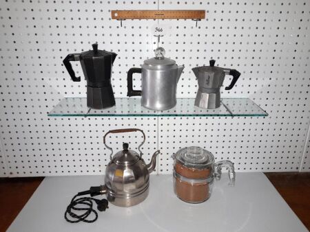 Selection of Vintage Coffee Percolators and Antique Electric Jug / Cord.