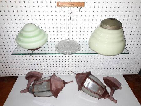 Pair of Vintage 'Pastel' Green Internal Lights, Pair of Vintage Cast Verandah Lights, Beveled Glass