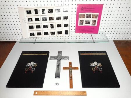 Pair Vintage Crucifix. Religious Reference Books and Slides.