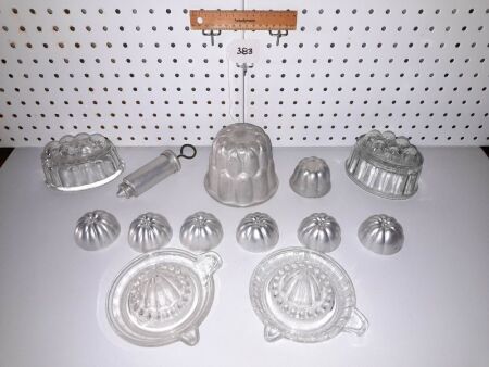 Antique / Vintage Aluminum / Glass Jelly Moulds, Glass Juicers, Cake Decorator.