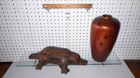 Vintage hand-carved Platypuss, Hand-Lathed Qld Red Cedar Vase, Original Makers Sticker