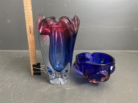 Mid Century Murano Blue and Pink Vase and Ashtray