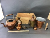 Box Lot of 7 Pieces of Copper Kitchenware + French Wine Box