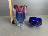 Mid Century Murano Blue and Pink Vase and Ashtray - 2