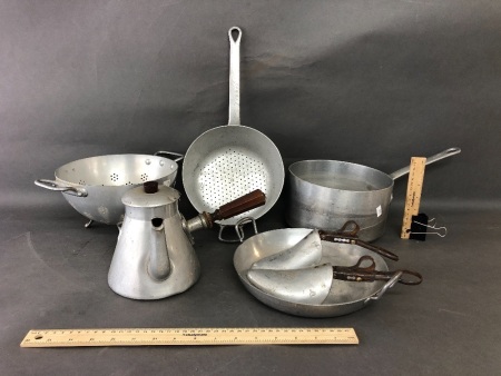 Box Lot of Vintage French Aluminium Cookware inc. Lge Coffee Pot