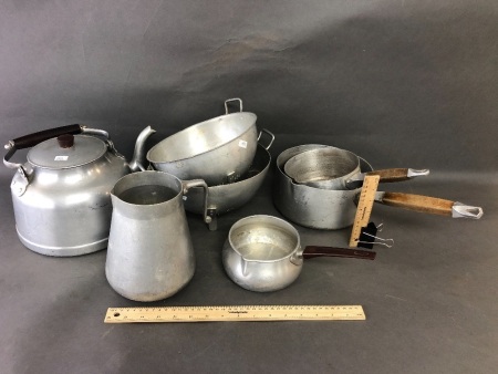 Box Lot of Vintage French Aluminium Cookware inc. XL Tea Pot