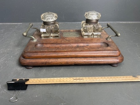 Antique Double Ink Wells on Large Wooden Stand 1895