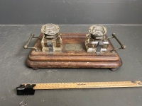 Antique Double Ink Wells on Large Wooden Stand 1895 - 2