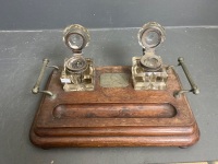 Antique Double Ink Wells on Large Wooden Stand 1895 - 3