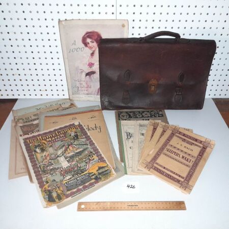 Vintage Leather Music Briefcase with Contents of Antique Sheet Music. 1942 - the Merritco US
