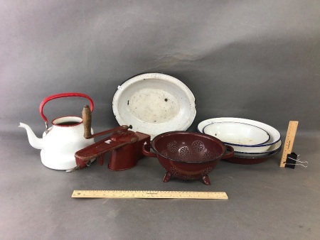 Box Lot of Vintage French Enamel Kitchenware inc. Mincer/Grater