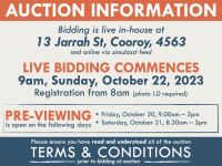 AUCTION INFORMATION: Bidding is live at 13 Jarrah St, Cooroy, 4563 & online via web feed (simulcast) - It is recommended that interested bidders attend the auction onsite | BIDDING COMMENCES: 9am, Sunday, October 22, 2023, Registration from 8am (photo I.D