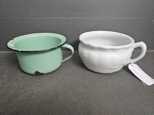 Johnson Bros China Chamber Pot and Green Enamel Chamber Pot