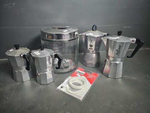 2 Large, 2 Small Coffee Percolators and Large Coffee Jar