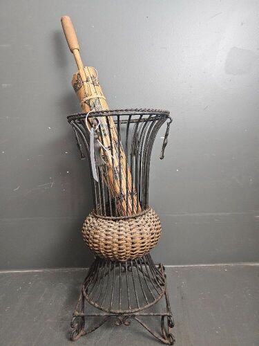 Metal and Wicker Umbrella Stand with Asian Style Paper Umbrella