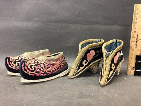 Pairs of Antique, Intricately Embroidered, Chinese Bound-Feet Lotus Shoes & Night Slippers