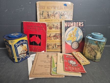 2 x Vintage Bushells Tins and Australiana Books