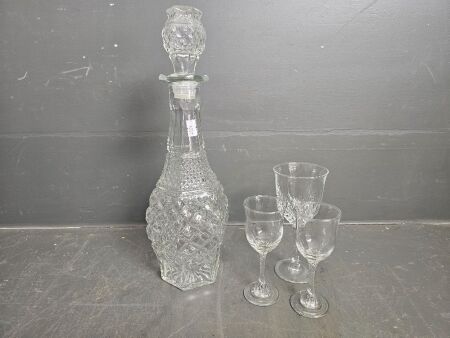 Mid Century Glass Decanter and Goblets