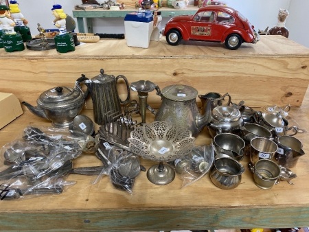 Antique / Vintage ElectroPlate Nickle Silver Items. Teapots, S & P, Vase, Strainer, Stand