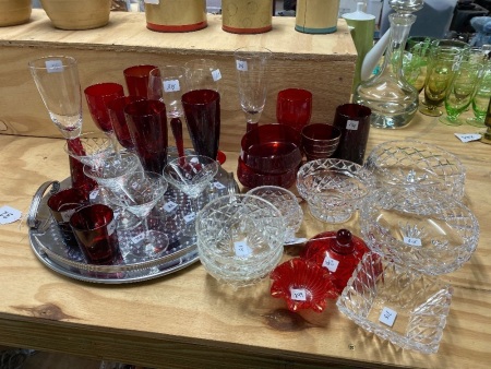 Vintage Pairs of Ruby Glass Glasses, Lead Crystal Serving Bowls / Serving Dishes.