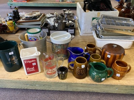 Mixed Bar Lot inc. Vintage Teachers Scotch Whisky Jug, 2x (words not understandable) Pewter Tankard, Nude Wohan Handed Mug, Pair Beer Mugs - condition good