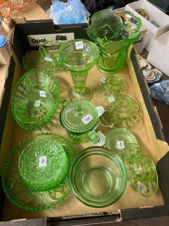 Vintage Green Glass Dishes, Kitchenware. Trio Crystal Decanter Stoppers. Shot Glasses