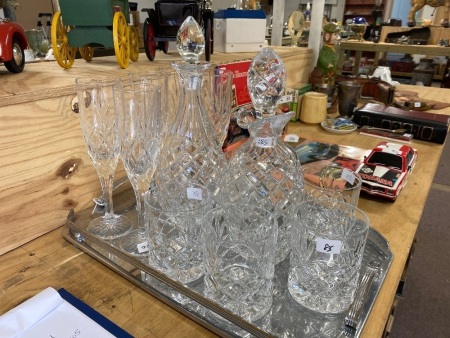 Vintage Ranleigh Silver Tray, Lead Crystal Decanter and Leadlight Wisky Glasses