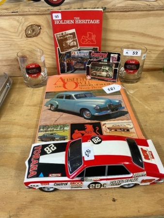 Battery Torana, Holden Books, Larry Perkins, match Box Car/Box, 2x Glasses - condition good